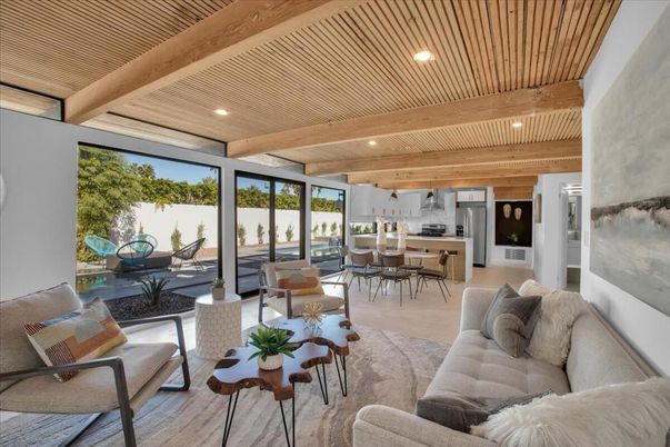 Dining room, Interior, Kitchen, Living room, Recessed Lighting, Stainless Steel Appliances, Wooden Beams, Wooden Ceilings