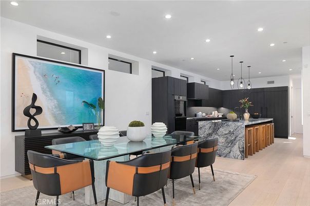 Dining room, Interior, Kitchen, Pendant Lights, Recessed Lighting, Stainless Steel Appliances, Wood Texture Flooring