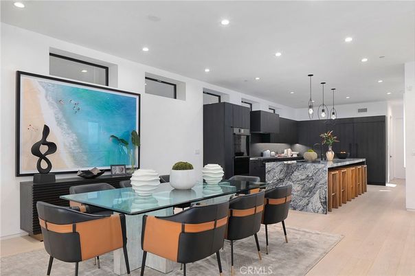 Dining room, Interior, Kitchen, Pendant Lights, Recessed Lighting, Stainless Steel Appliances, Wood Texture Flooring