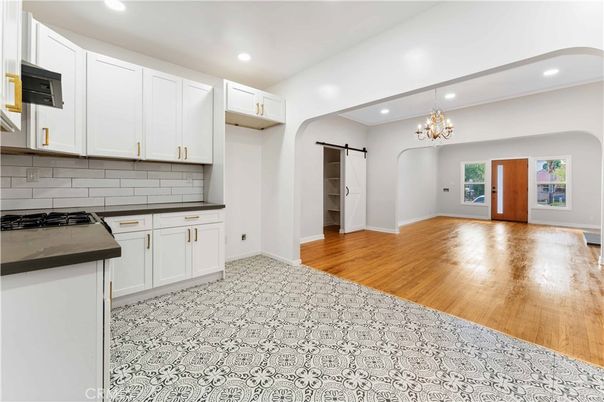 Chandelier, Interior, Kitchen, Recessed Lighting, Wood Texture Flooring