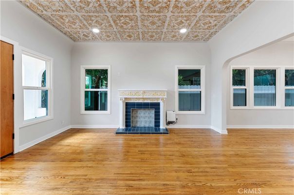 Empty room, Fireplace, Interior, Recessed Lighting, Wood Texture Flooring