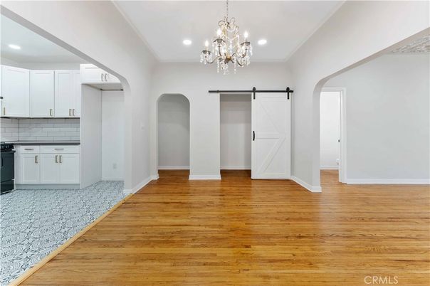 Chandelier, Interior, Kitchen, Recessed Lighting, Wood Texture Flooring