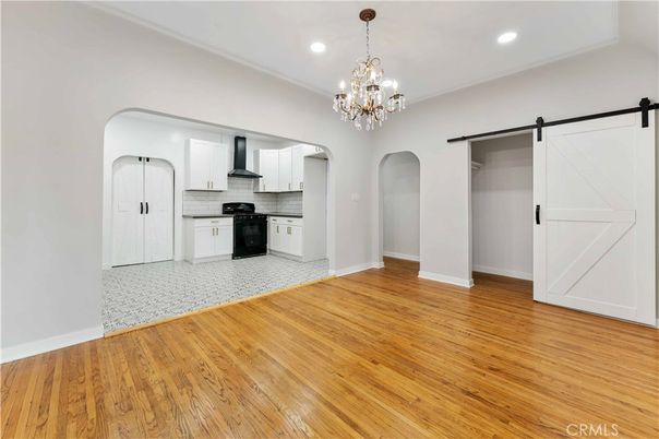 Chandelier, Empty room, Interior, Kitchen, Recessed Lighting, Wood Texture Flooring