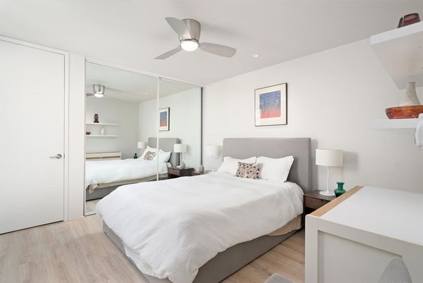 Bedroom, Interior, Recessed Lighting, Wood Texture Flooring