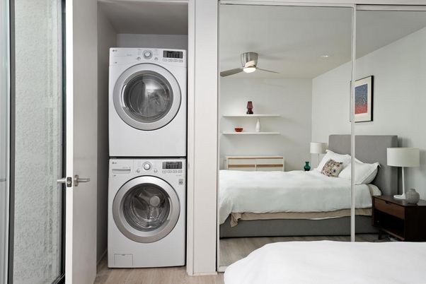 Bedroom, Interior, Utility Closets, Washer, Wood Texture Flooring
