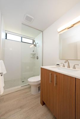 Bathroom, Glass Shower, Interior, Wood Texture Flooring