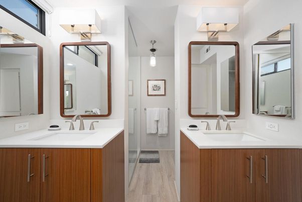Bathroom, Dual Sink Vanities, Interior, Pendant Lights, Wood Texture Flooring