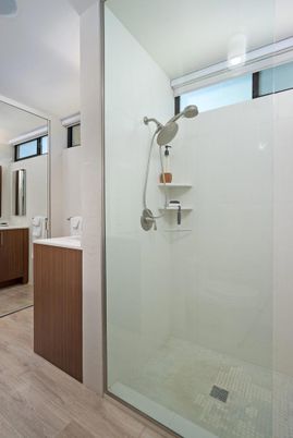 Bathroom, Glass Shower, Interior, Wood Texture Flooring