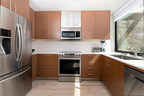Interior, Kitchen, Stainless Steel Appliances, Wood Texture Flooring