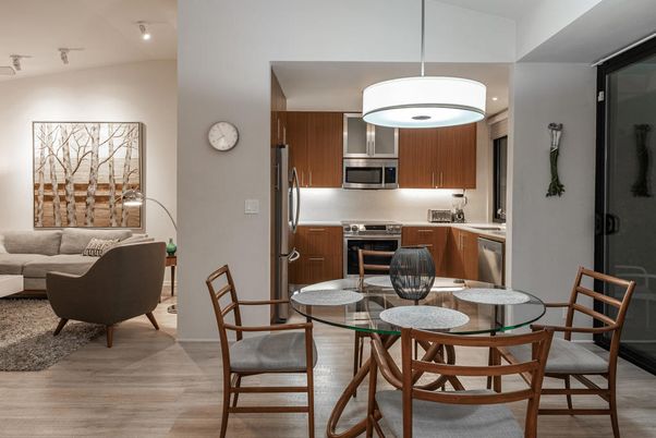 Dining room, Interior, Kitchen, Living room, Pendant Lights, Stainless Steel Appliances, Wood Texture Flooring