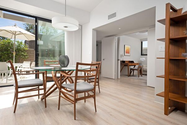 Dining room, Interior, Pendant Lights, Recessed Lighting, Wood Texture Flooring