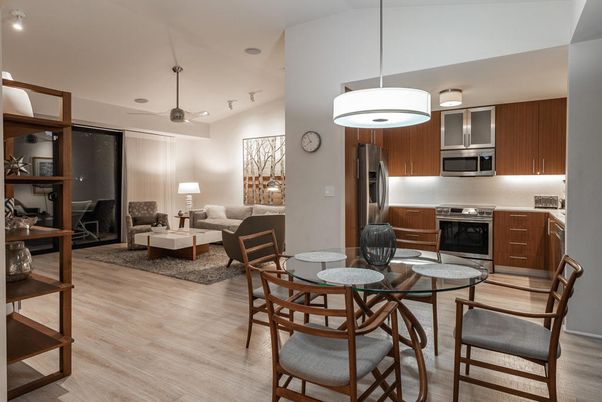 Dining room, Interior, Kitchen, Living room, Pendant Lights, Recessed Lighting, Stainless Steel Appliances, Wood Texture Flooring