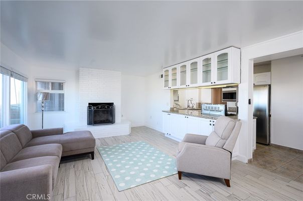 Fireplace, Interior, Kitchen, Living room, Stainless Steel Appliances, Wood Texture Flooring