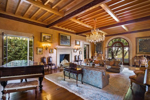 Chandelier, Fireplace, Interior, Living room, Piano, Wooden Beams, Wooden Ceilings, Wood Texture Flooring