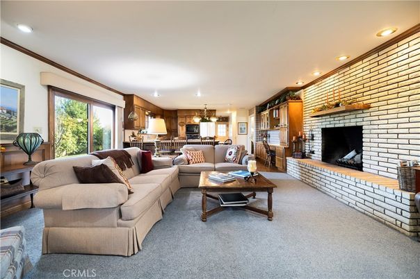 Dining room, Fireplace, Interior, Kitchen, Living room, Pendant Lights, Recessed Lighting, Stone Walls