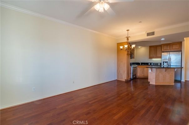 Chandelier, Empty room, Interior, Kitchen, Recessed Lighting, Wood Texture Flooring