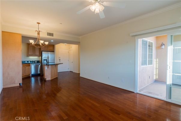 Chandelier, Empty room, Interior, Kitchen, Stainless Steel Appliances, Wood Texture Flooring