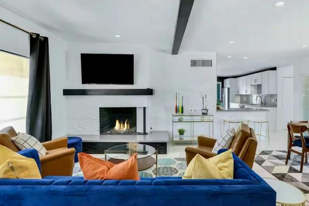 Fireplace, Interior, Kitchen, Living room, Recessed Lighting