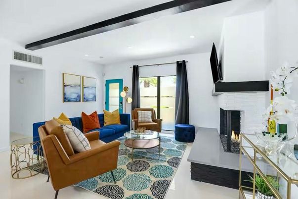 Fireplace, Interior, Living room, Recessed Lighting, Wooden Beams