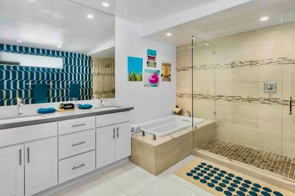 Bathroom, Dual Sink Vanities, Glass Shower, Interior, Recessed Lighting