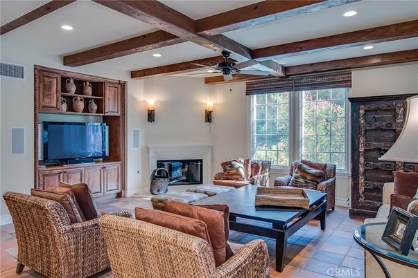 Fireplace, Interior, Living room, Recessed Lighting, Wooden Beams