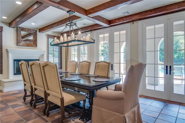 Dining room, Fireplace, Interior, Pendant Lights, Recessed Lighting, Wooden Beams