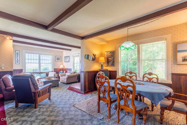 Dining room, Interior, Living room, Pendant Lights, Wooden Beams