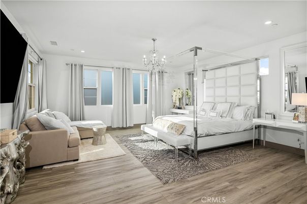 Bedroom, Chandelier, Interior, Recessed Lighting, Wood Texture Flooring