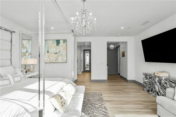 Bedroom, Chandelier, Interior, Recessed Lighting, Wood Texture Flooring