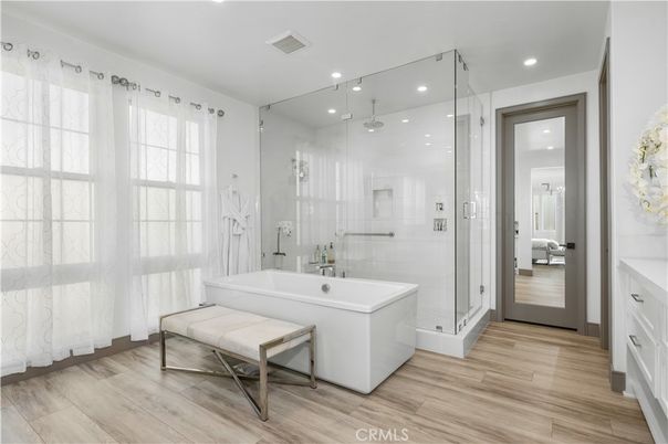 Bathroom, Glass Shower, Interior, Recessed Lighting, Wood Texture Flooring