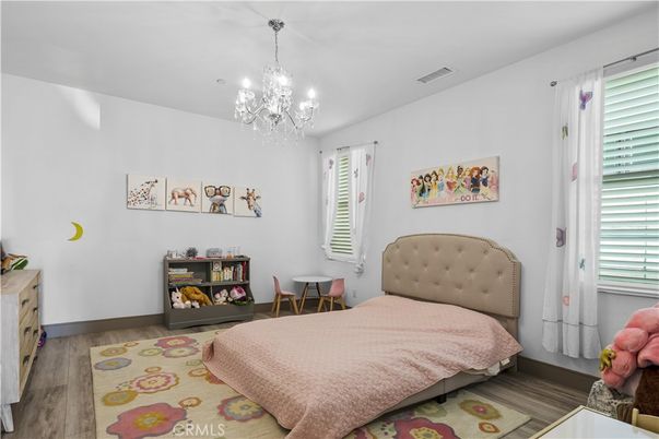 Bedroom, Chandelier, Interior, Wood Texture Flooring
