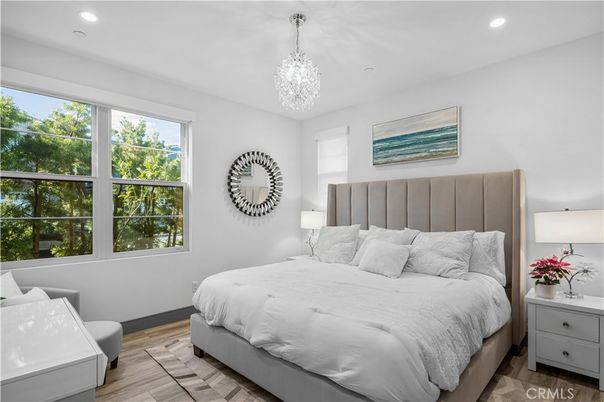 Bedroom, Chandelier, Interior, Recessed Lighting, Wood Texture Flooring