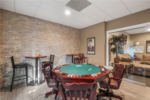 Game Room, Interior, Recessed Lighting, Stone Walls, Wood Texture Flooring