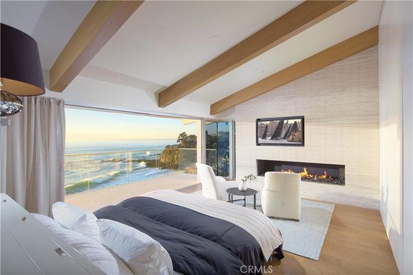 Bedroom, Fireplace, Interior, Water, Wooden Beams, Wood Texture Flooring