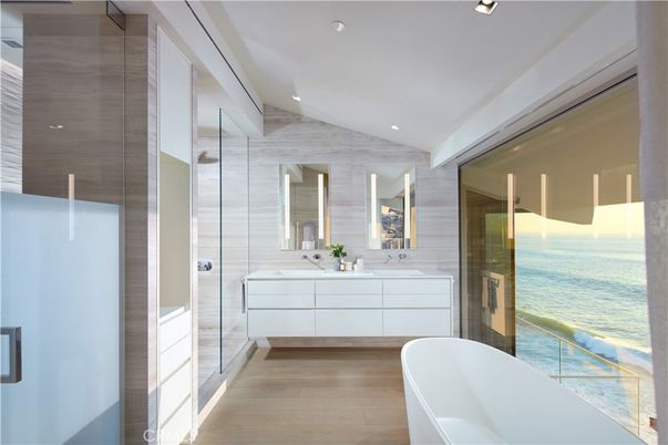 Bathroom, Dual Sink Vanities, Free Standing Baths, Glass Shower, Interior, Recessed Lighting, Water, Wood Texture Flooring
