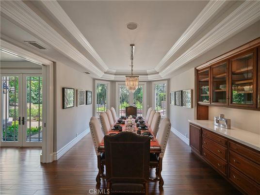 Chandelier, Dining room, Interior, Wood Texture Flooring