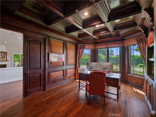 Fireplace, Home Office, Interior, Recessed Lighting, Wooden Ceilings, Wood Texture Flooring