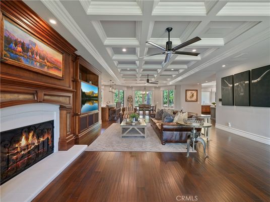 Dining room, Fireplace, Interior, Living room, Recessed Lighting, Wood Texture Flooring