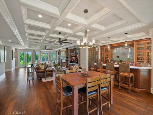 Dining room, Interior, Living room, Pendant Lights, Recessed Lighting, Wood Texture Flooring