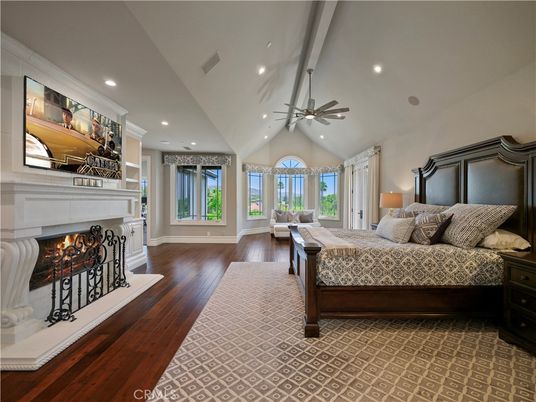 Bedroom, Fireplace, Interior, Recessed Lighting, Wood Texture Flooring