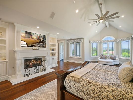 Bedroom, Fireplace, Interior, Recessed Lighting, Wood Texture Flooring