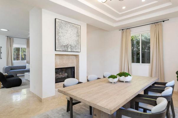 Dining room, Fireplace, Interior, Recessed Lighting