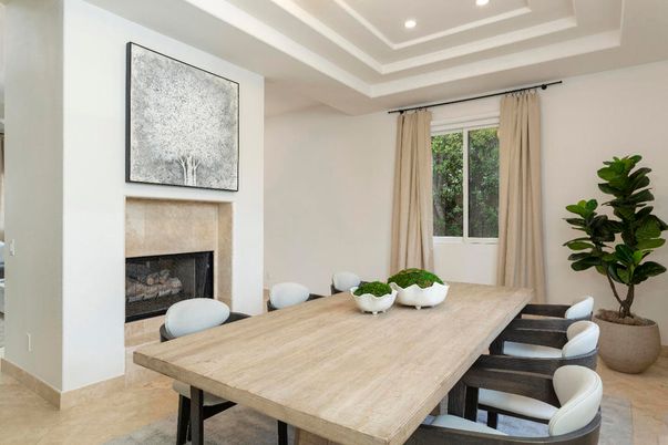 Dining room, Fireplace, Interior, Recessed Lighting