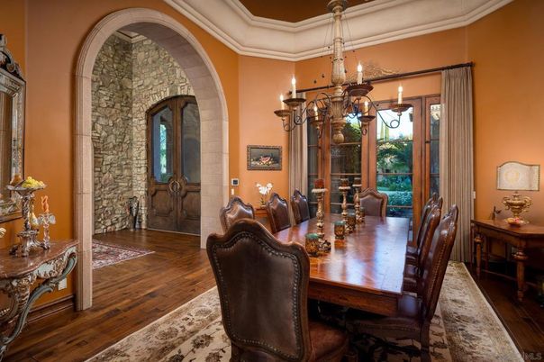 Chandelier, Dining room, Interior, Stone Walls, Wood Texture Flooring
