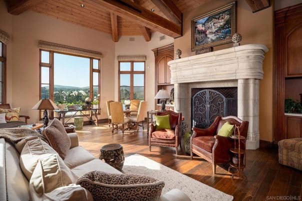 Dining room, Fireplace, Interior, Living room, Recessed Lighting, Wooden Beams, Wooden Ceilings, Wood Texture Flooring