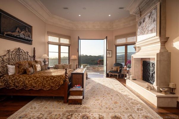 Bedroom, Fireplace, Interior, Recessed Lighting, Wood Texture Flooring
