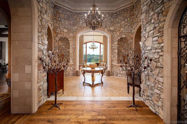 Chandelier, Interior, Stone Walls, Wood Texture Flooring