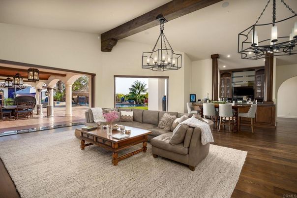 Chandelier, Dining room, Interior, Living room, Recessed Lighting, Wooden Beams, Wood Texture Flooring
