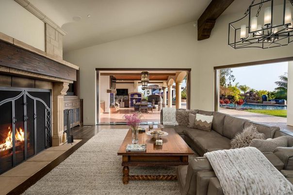Chandelier, Dining room, Fireplace, Interior, Living room, Pendant Lights, Wooden Beams, Wood Texture Flooring