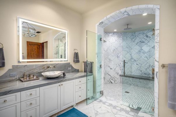 Bathroom, Glass Shower, Interior, Marble, Marble Walls, Recessed Lighting